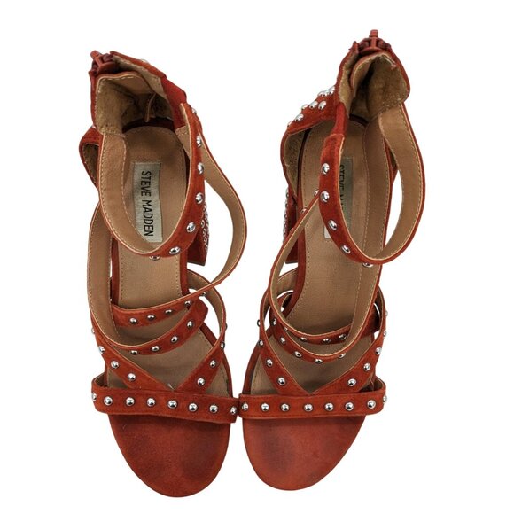 Studded Suede Block Heels Sandals Chunky Rust Boho Western Festival Y2K Size 8 - Picture 2 of 12